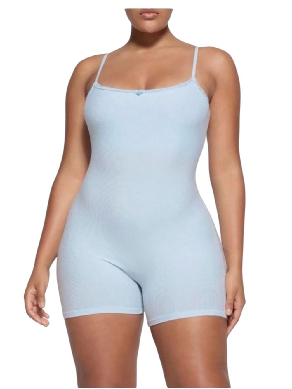 SKIMS Fits Everybody Lace Trim Onesie Romper Light Blue Size L